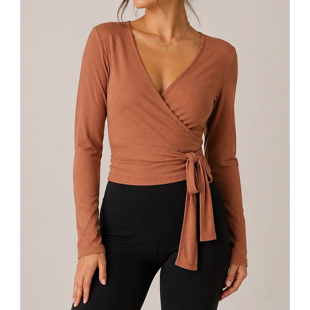 HEM & THREAD Surplice Tie Waist Wrap Top Womens L Brown Long Sleeve Ribbed